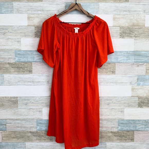 H&M Conscious Bardot Swing Dress Orange Off Shoulder Jersey Knit Womens XS - Picture 2 of 9